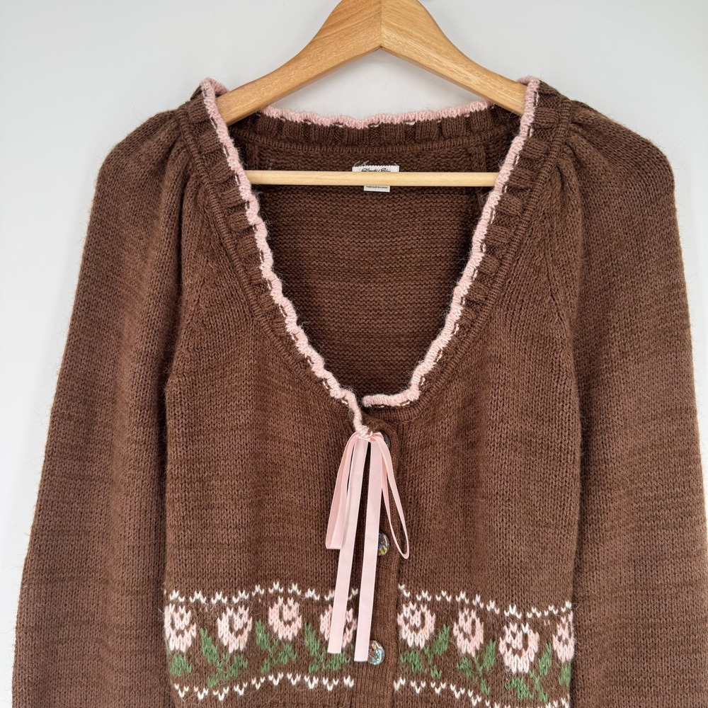 Kimchi Blue Floral Bow Cardigan S Brown Cotton Bld Coquette Balletcore Sweater - Picture 3 of 14